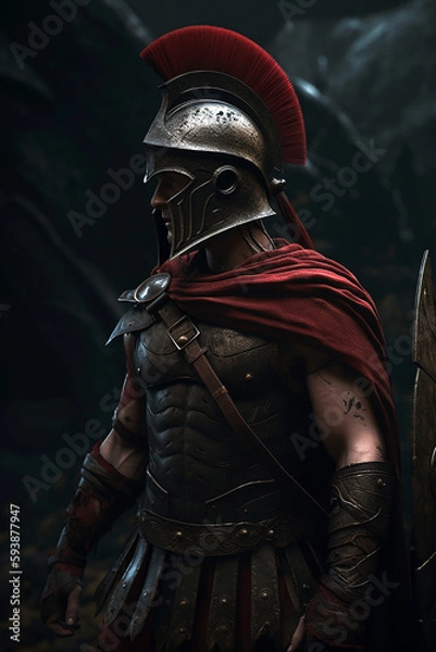 Obraz Spartan warrior in medieval armor and red cloak standing in an ancient city. Generative AI