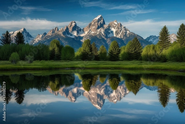 Obraz A panoramic view of a mountain range, with jagged peaks rising high into the sky - Generative AI