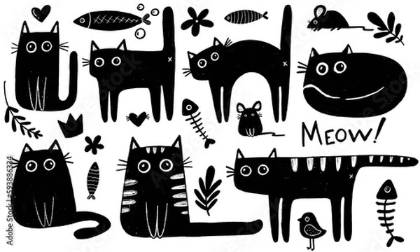 Obraz Black cats ink doodle style with fishes and mouses doodle ink  monochrome style