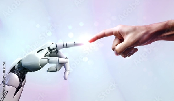 Fototapeta AI, Artificial intelligence creation by humans, robot and human hands are touching and connecting, unity with human and ai concept, machine learning and futuristic technology background