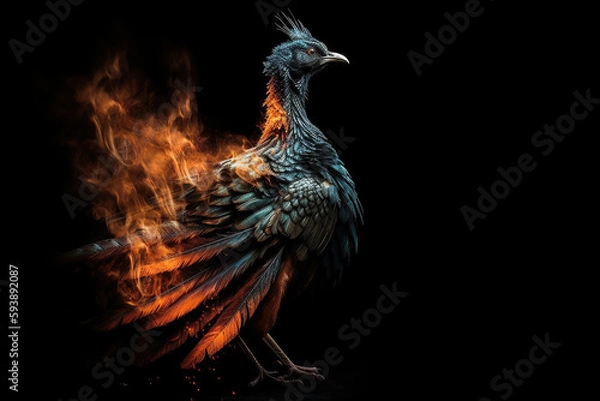 Fototapeta Experience the fiery rebirth of a majestic phoenix, its wings flapping flames against a dark backdrop. Perfect for powerful and mystical designs generative ai