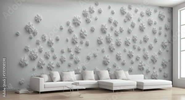 Fototapeta Photo of a modern living room with a minimalist white couch and white wall