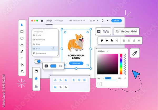 Obraz Program for Web Designers. Application for creating a Mobile Interface. Vector Design tool for mobile applications. UI-UX design development concept. Creating an Interface for Devices. Vector illustra