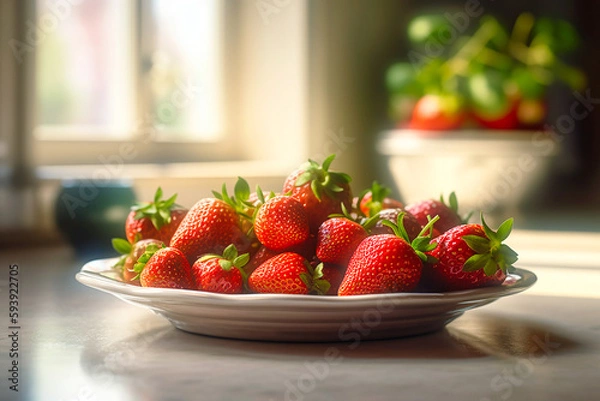 Fototapeta Strawberries on a plate in a bright kitchen. AI generativ