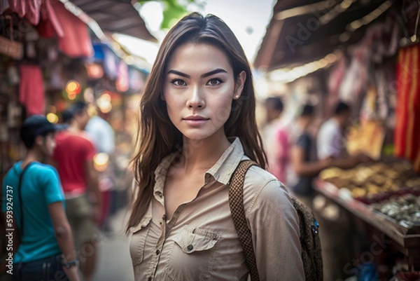 Fototapeta Lost in the Lively Chaos: A Woman Explores an Enchanting Arabic Souk, ai generative