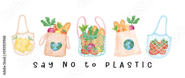 Obraz Group of Eco-Friendly reusable shopping bag full of fresh vegetables watercolor hand drawing illustration banner