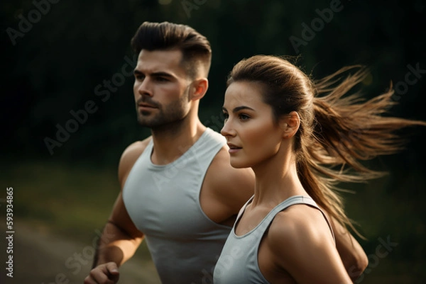 Obraz Portrait of a fit couple running in the park. Generative AI