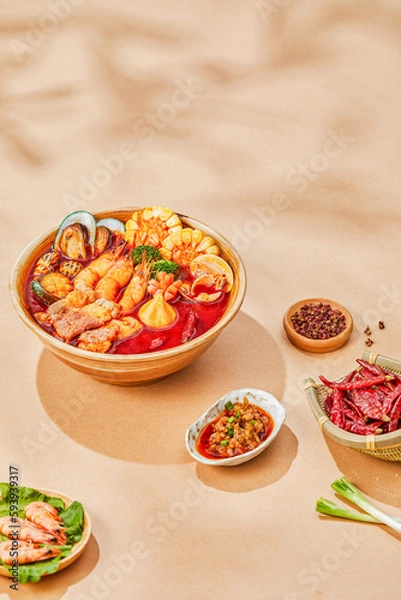 Fototapeta Vegetables and meat needed to make Chinese hot pot, traditional Chinese food