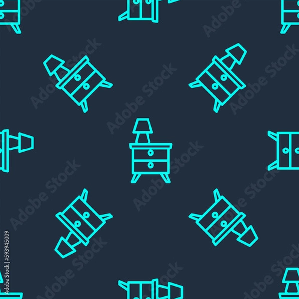 Fototapeta Green line Furniture nightstand with lamp icon isolated seamless pattern on blue background. Vector