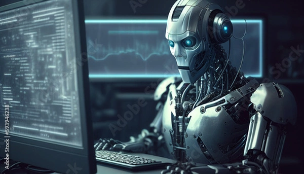 Fototapeta A white robot with blue eyes is sitting at a computer, typing. The computer screen shows code and a graph.
