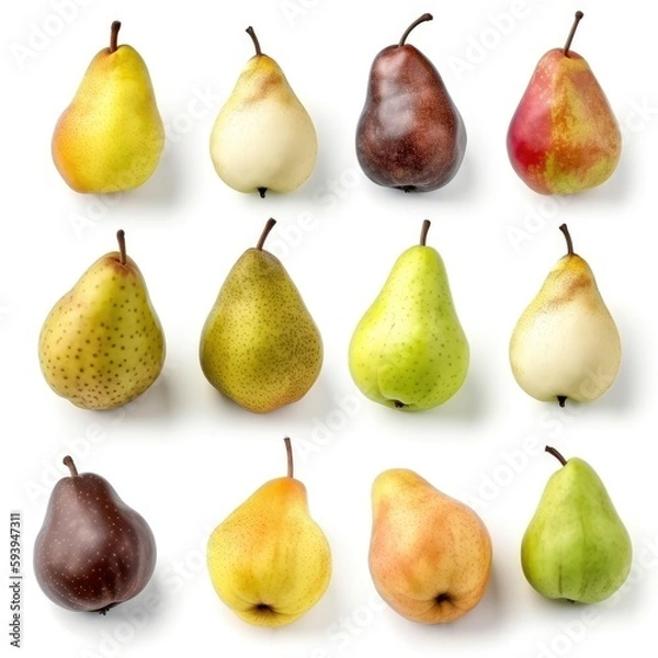 Fototapeta Set of various types of organic raw pears on white background Generative AI Illustration