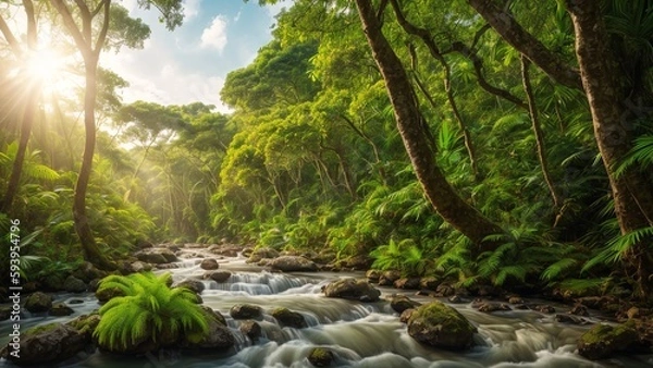 Fototapeta A Daring View Of A Stream Running Through A Lush Green Forest