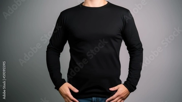Fototapeta White man model wearing a plain black long sleeve t-shirt, isolated on a blank background. Mock-up, torso only. Generative AI illustration.