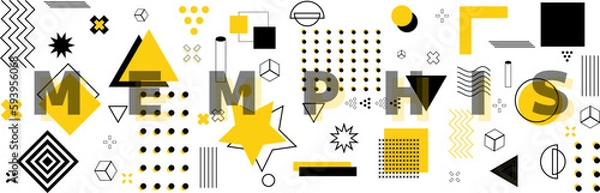 Fototapeta Geometric shapes. Memphis design, retro elements for web, vintage, advertisement, commercial banner, poster, leaflet, billboard, sale. Collection trendy halftone vector geometric shapes.