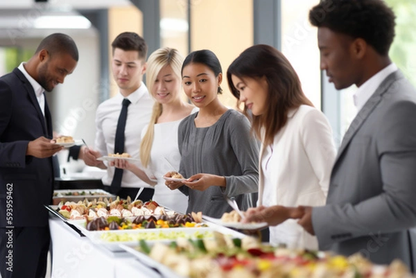 Fototapeta Business people of different races at a buffet in lunch break. Generative AI