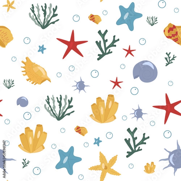Fototapeta Seamless nautical drawing for print design. Sea shell pattern. Nautical pattern. Background, wallpaper. White background.  Decorative seamless pattern.