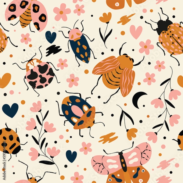 Fototapeta Seamless pattern with cute bugs, beetles, moth and insects, with floral elements, hearts and dots. Colorful hand drawn vector illustration
