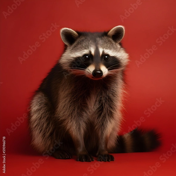 Fototapeta raccoon sitting isolated on plain red studio background, made with generative ai	