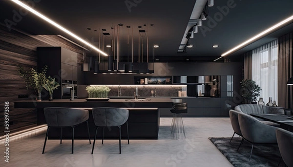 Fototapeta moder kitchen interior with table and cinematic lights by generative ai