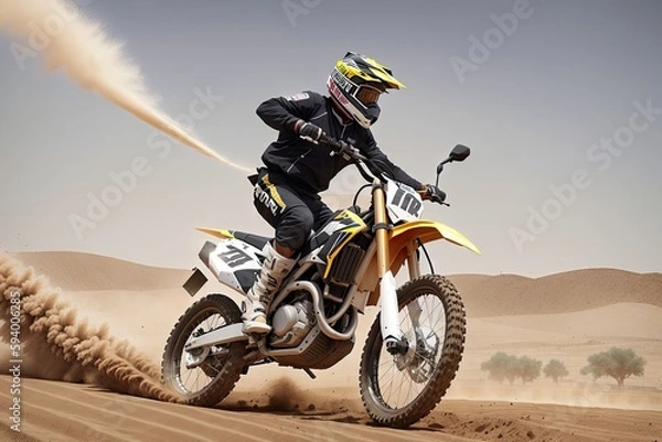 Fototapeta Motorcyclist on a cross-country motorcycle go fast at the desert dune, generative ai