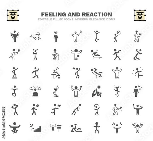 Fototapeta set of feeling and reaction filled icons. feeling and reaction glyph icons such as fantastic human, incomplete human, happy human, drained annoyed frustrated emotional irritated lost vector.