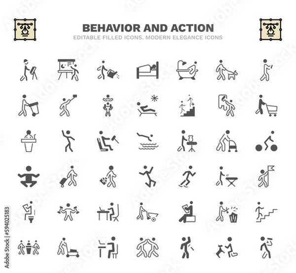 Fototapeta set of behavior and action filled icons. behavior and action glyph icons such as engineer working, watering plants, man bathing, man painting wall, headfirst to water, man travelling, with flag,