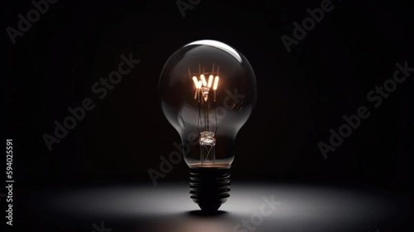 Fototapeta Modern Low Amber Light Bulb Glow on Dark Black Background, symbolizing a creative idea in the making, inspiration, or a breakthrough. With Licensed Generative AI Technology Assistance.