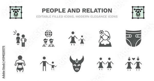 Fototapeta set of people and relation filled icons. people and relation glyph icons such as business partnership, mother and daughter, venezuelan, baby diaper, seductive, seductive, father children, devil