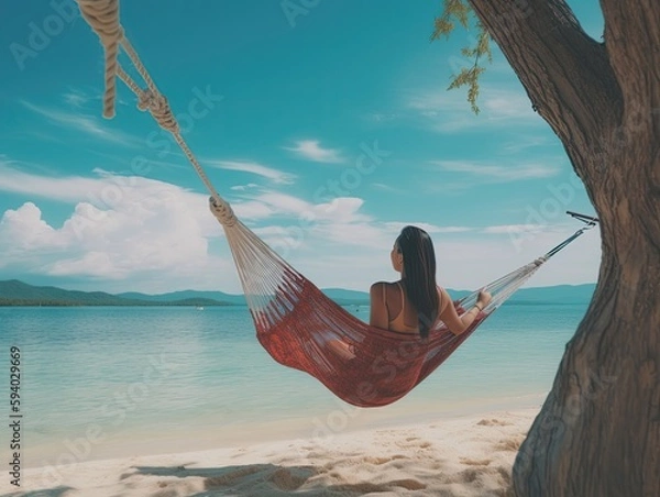 Obraz woman on hammock beautiful beach