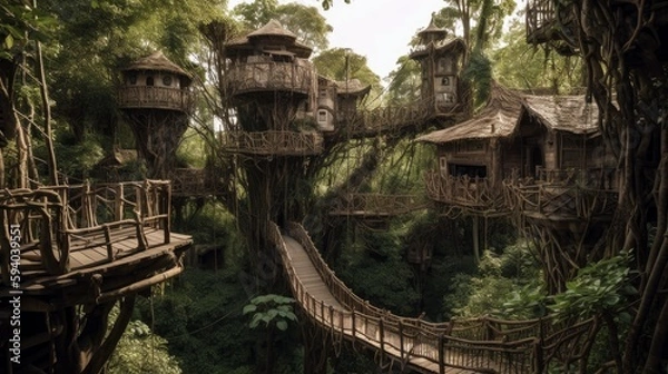 Fototapeta A massive treehouse village interconnected with rope bridges, with copyspace in the leafy canopy. Generative ai.