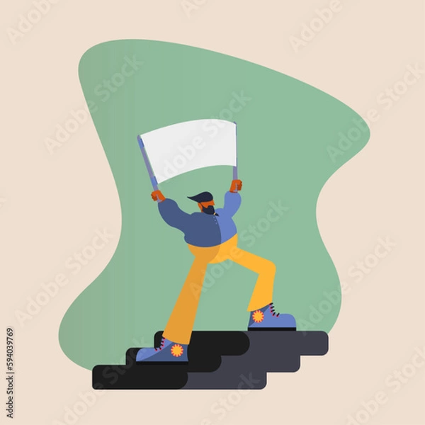 Obraz A man with a placard at a rally, in yellow trousers, a blue shirt and sneakers on the steps on a green background