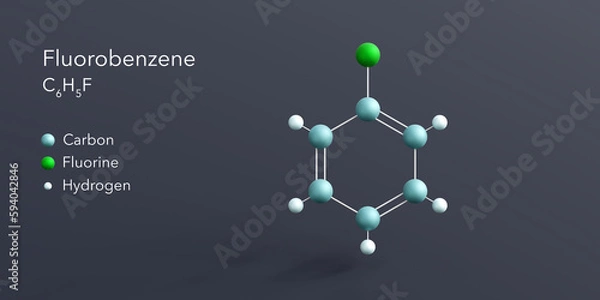Fototapeta fluorobenzene molecule 3d rendering, flat molecular structure with chemical formula and atoms color coding