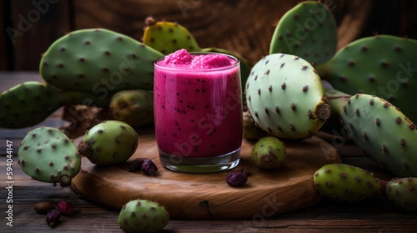 Fototapeta Fresh Opuntia Prickly Pear Smoothie on a Rustic Wooden Table