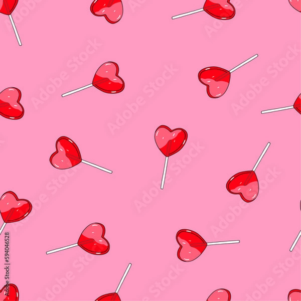 Obraz Seamless pattern with heart shaped lollipop. Love candy. Background for Valentine’s Day and romantic holidays. Hand drawn vector illustration