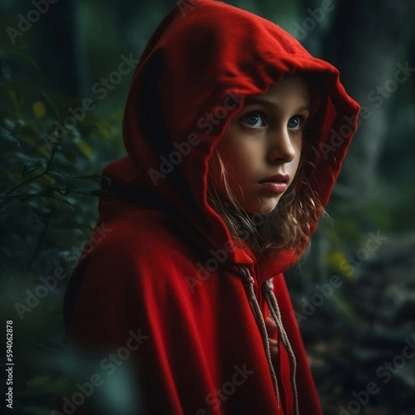 Fototapeta Little red riding hood in the dark woods at night, style dingy