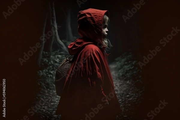 Fototapeta Little red riding hood in the dark woods at night, style dingy