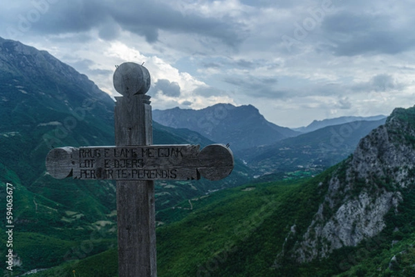 Fototapeta Wooden cross on the mountain 