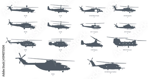 Obraz Military helicopter icon set. Helicopter silhouette on white background. Vector illustration