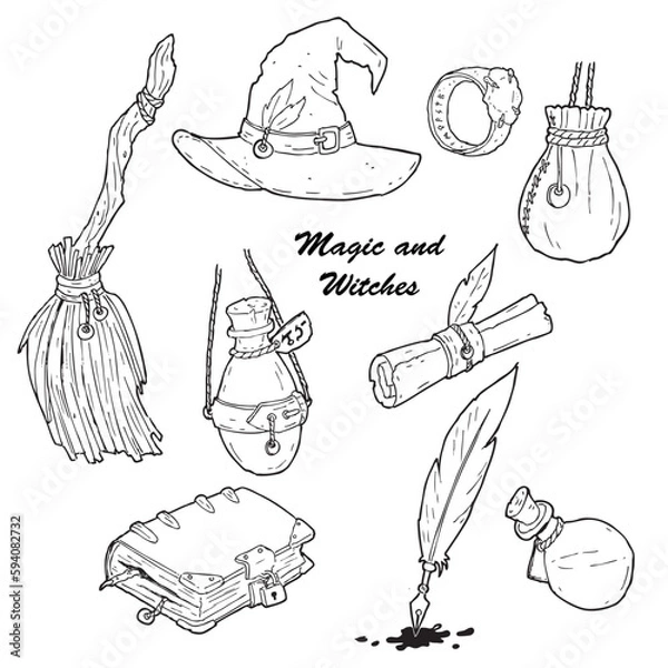 Obraz Witch and magic vector lineart icons