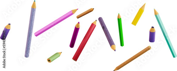 Obraz Colorful pencils in the air, 3d render. Pencils chaotic flying in air. Concept of education, back to school or graduation. Transparent background