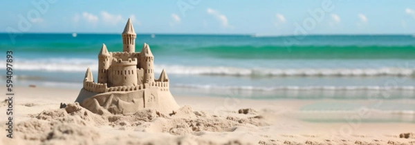 Obraz sand castle on a beautiful beach. copy space. Generative AI