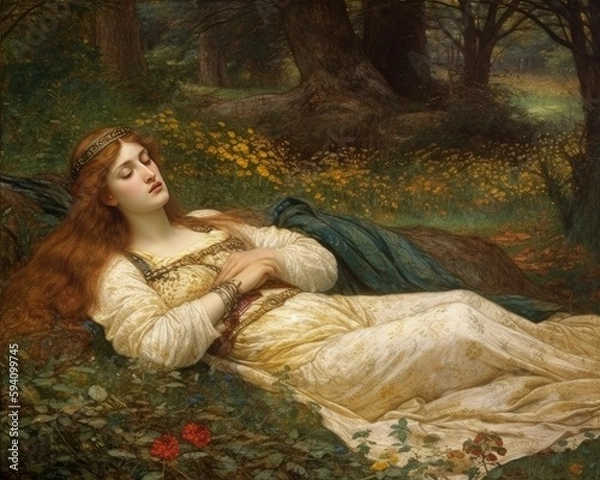 Fototapeta Pre-Raphaelite romantic painting with mythological scenes and portraits