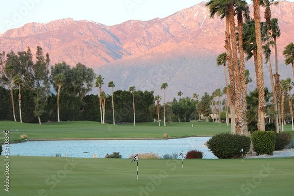 Fototapeta A view of a beautiful scenic landscape on a sunny day, with Palm Trees and huge mountains in the background, where people come to golf, in Palm Springs, California, United States