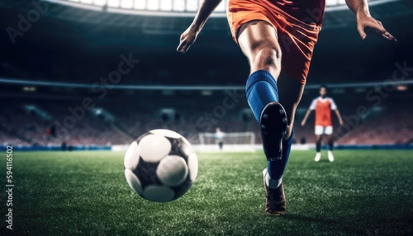 Obraz Close-up of football dribbling by soccer player in the stadium. Sport and competition concept. Generative AI