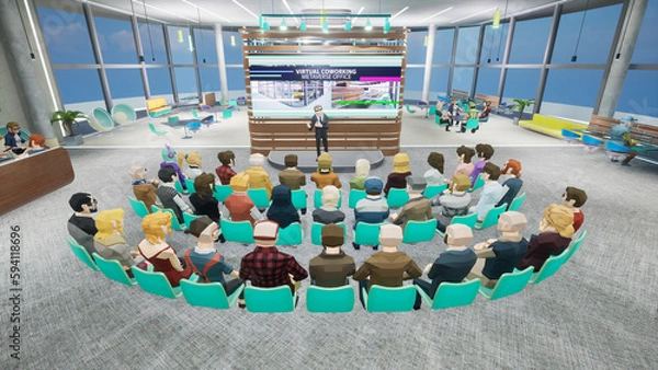 Fototapeta Metaverse avatars of people seminar online in virtual worlds, 3d render