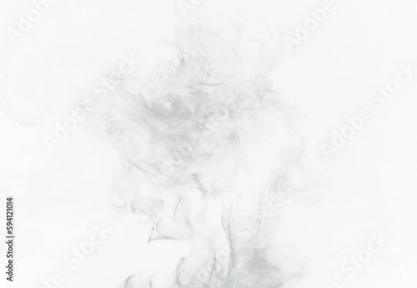 Fototapeta Grey smoke puff, white background and studio with no people with fog in the air. Smoking, smog swirl and isolated with smoker art from cigarette or pollution with graphic space for incense creativity