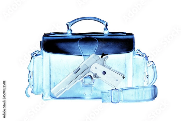 Fototapeta Xray scan detects weapon in criminals briefcaseairport terrorismisolated on transparent background.PNG format