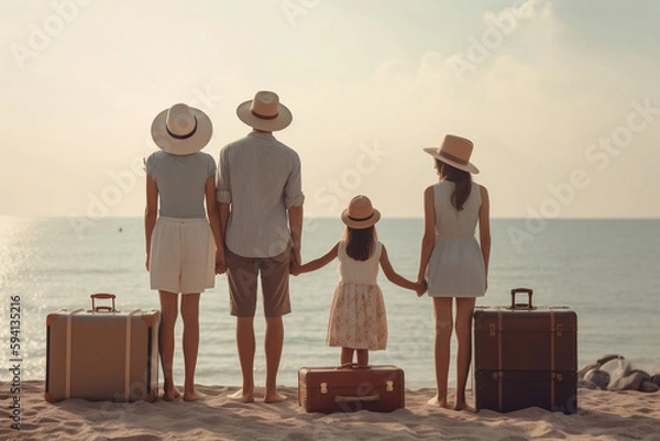 Fototapeta A family with children stands with suitcases and looks forward to a vacation at sea, Vacation dreams concept, Generative AI