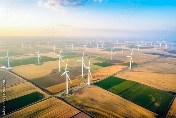 Fototapeta Large fields of wind power plants, view from above. Wind Turbines, Wind Energy Concept. High quality generative AI