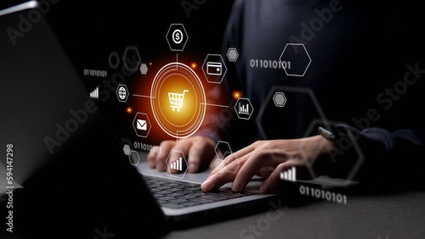 Obraz businessman working on the marketing on the laptop sreen.